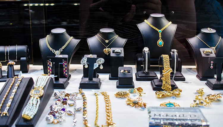 Gold jewelry on display